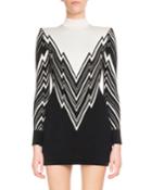 Long-sleeve Mock-neck Lightning-knit Mini Cocktail Dress