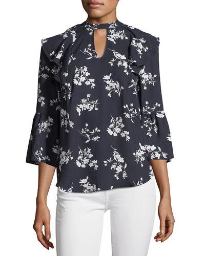 Floral-print Ruffle Keyhole Blouse, Navy