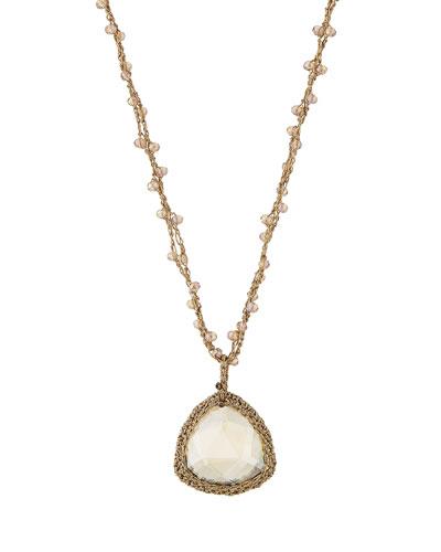Long Simulated Topaz Macram&eacute; Pendant Necklace, Pink