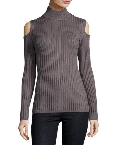 Ribbed Cold-shoulder Turtleneck Top, Gray