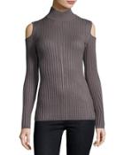 Ribbed Cold-shoulder Turtleneck Top, Gray