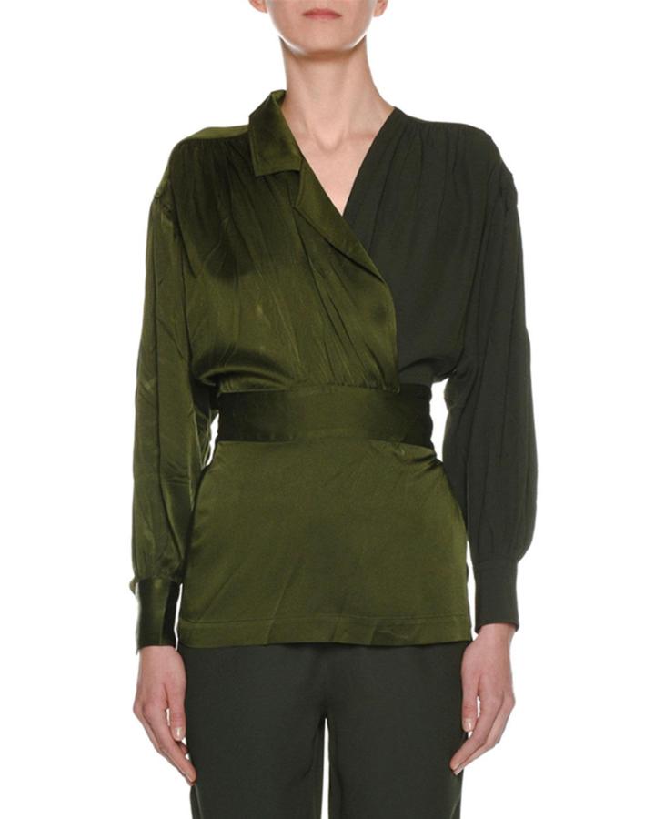 Long-sleeve Faux V-neck Self-belt Crepe