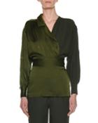 Long-sleeve Faux V-neck Self-belt Crepe