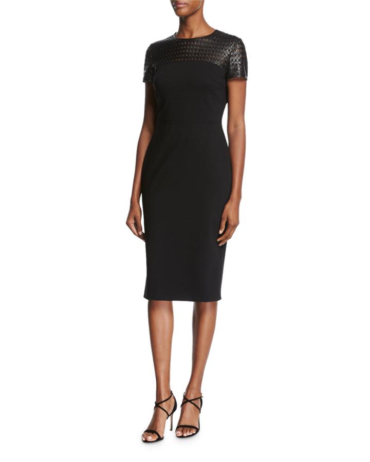 Leather-yoke Short-sleeve Sheath Dress, Black