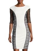 Half-sleeve Lace-inset Sheath Dress, Black/white