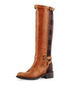 Pirella Plaid Flat Riding Boot, Cognac/brown