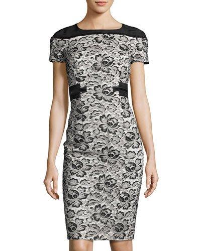 Lace-overlay Waist-ribbon Dress, Black/white
