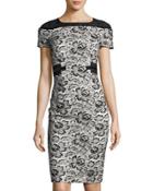 Lace-overlay Waist-ribbon Dress, Black/white