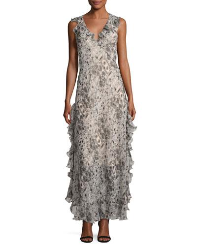 Sleeveless Printed Ruffle Maxi Dress, Pink Pattern