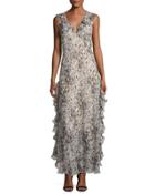 Sleeveless Printed Ruffle Maxi Dress, Pink Pattern
