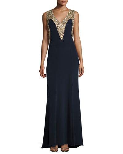 Sleeveless Embellished Mermaid Gown, Dark Blue