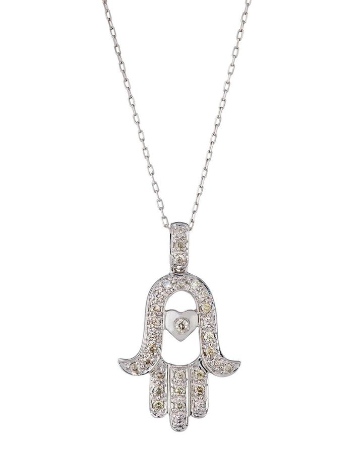 14k White Gold Large Diamond Hamsa Pendant Necklace