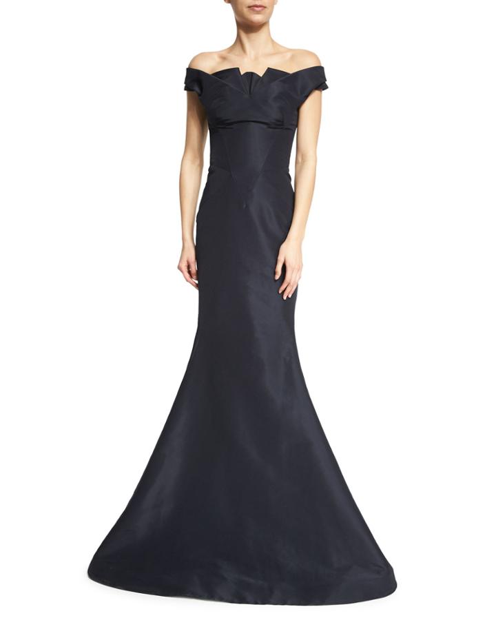Pleated Off-the-shoulder Evening Gown,