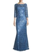 3/4-sleeve Floral Paillette