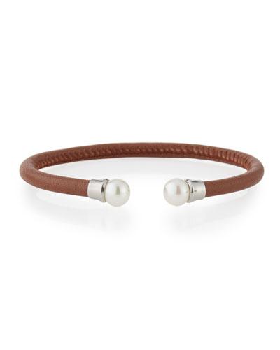 Nautical Brown Leather Pearl Bangle Bracelet