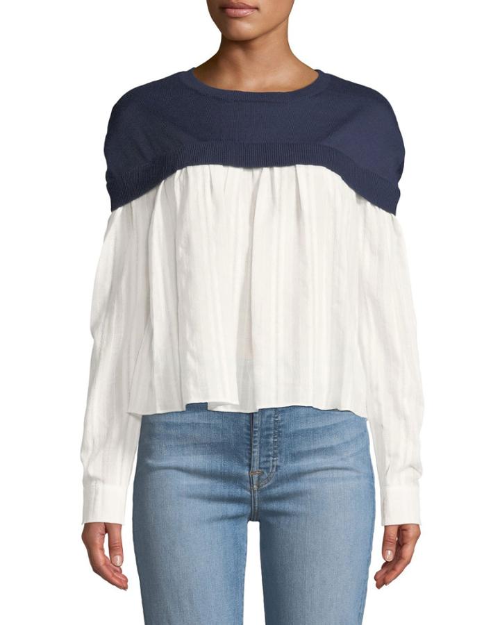 Long-sleeve Tonal-striped & Knit Combo Top