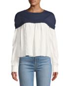 Long-sleeve Tonal-striped & Knit Combo Top