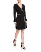 Faux-wrap Bell-sleeve Contrast Trim Dress