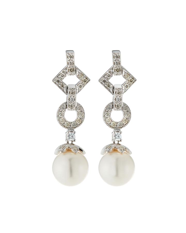 14k White Gold Geometric Diamond & Pearl Drop Earrings