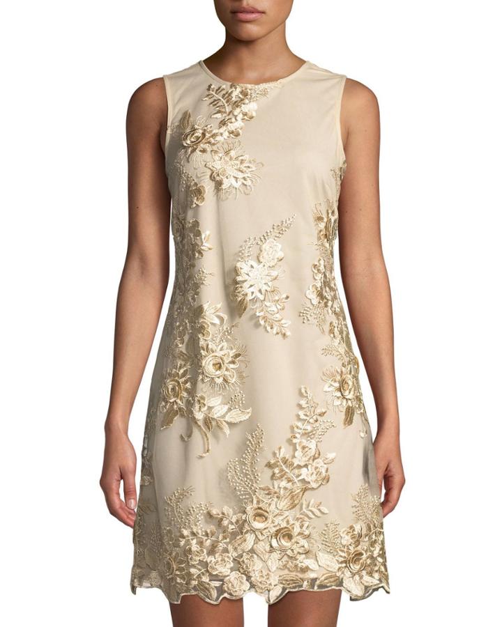 Embroidered Mesh-overlay Sheath Cocktail Dress