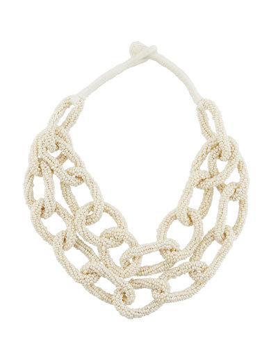 Double-row Beaded Link Statement Necklace, White
