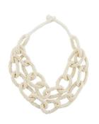 Double-row Beaded Link Statement Necklace, White