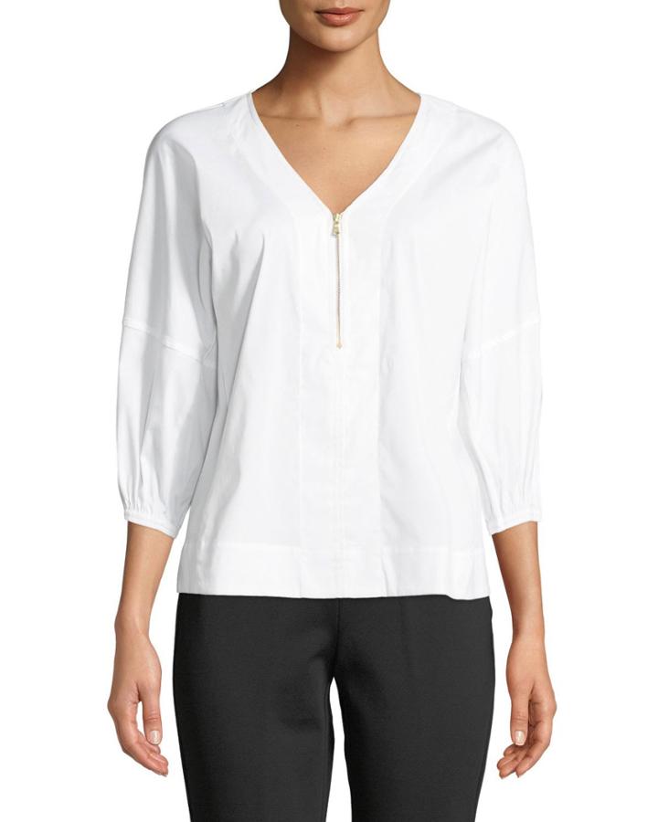 Balloon-sleeve Zip-front Blouse