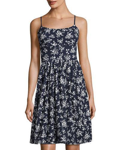Spring Floral-print Eyelet Dress, Blue Pattern