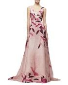 Sleeveless Leaf-print Gazaar Gown, Fuchsia/multi