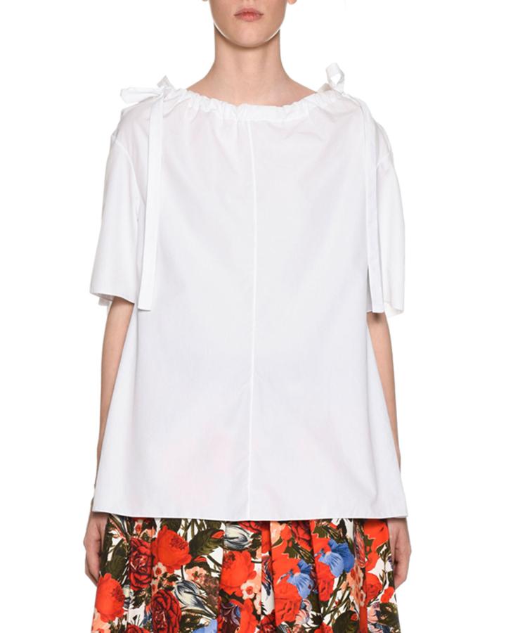 Ruched Bateau-neck Short-sleeve Cotton Poplin Blouse