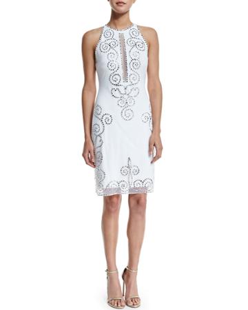 Sleeveless Fishtail-embroidered Cocktail Dress, White