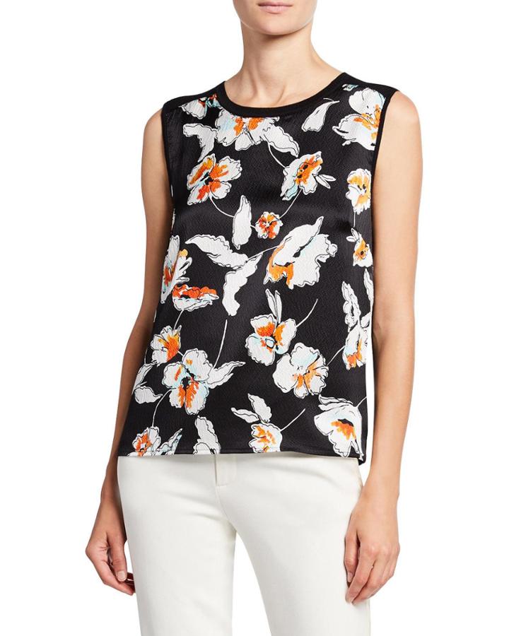 Jersey Knit Shell W/ Hammered Silk Floral-print Front