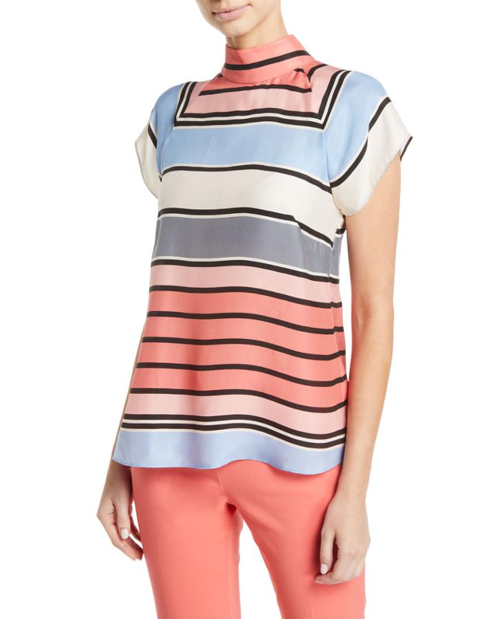 Multicolor Awning-stripe Matte Satin Mock-neck Blouse