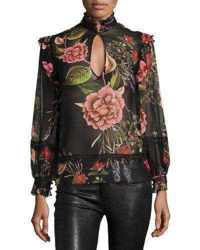 Peony Floral-print Chiffon Ruffle Shirt, Black