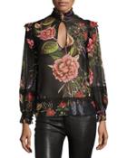 Peony Floral-print Chiffon Ruffle Shirt, Black