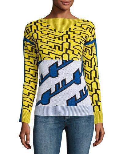 Long-sleeve Graphic Knit Top, White/yellow