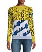 Long-sleeve Graphic Knit Top, White/yellow