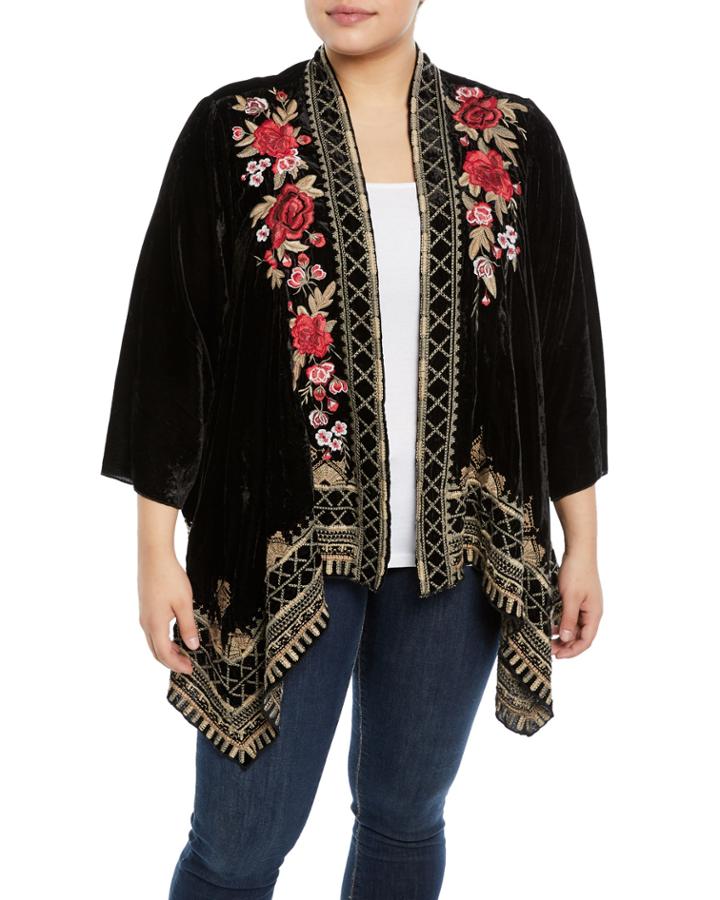 Meri Floral-embroidered Velvet Cardigan,