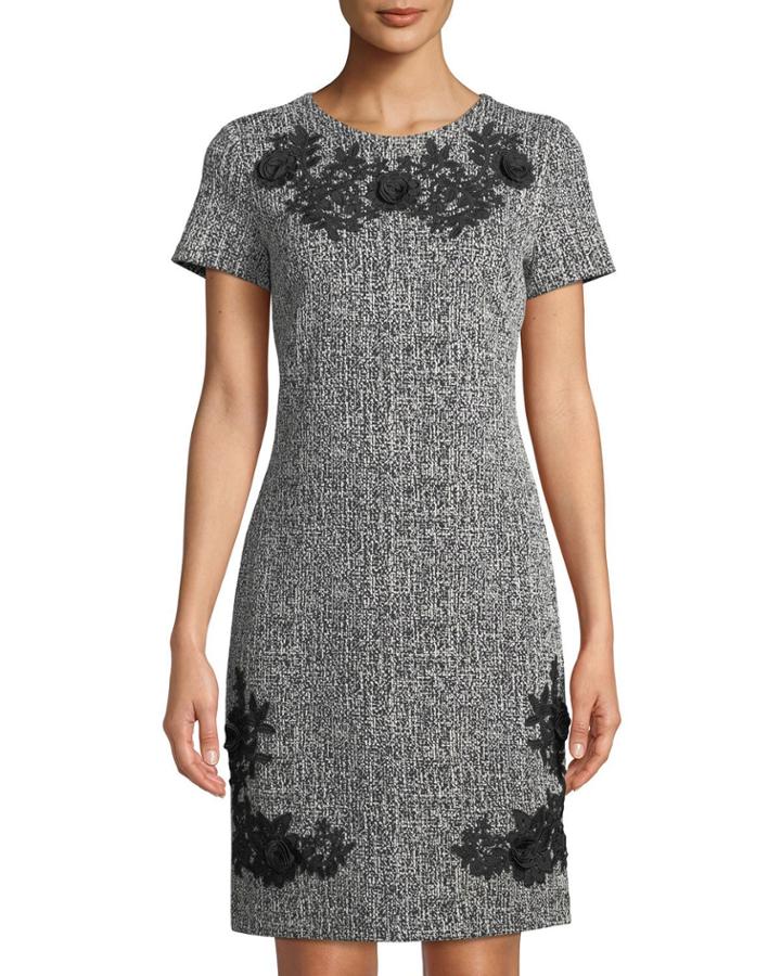 Short-sleeve Floral Embroidered Tweed Dress