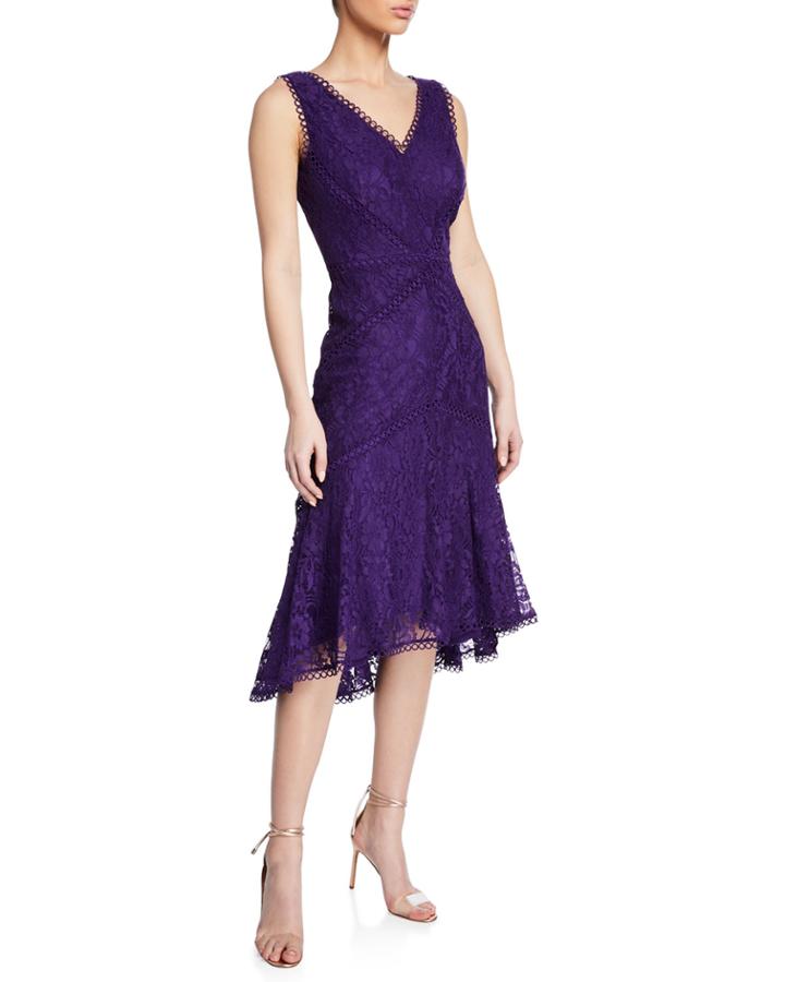 Lace Sheath Dress With High-and-low-hem, Purple