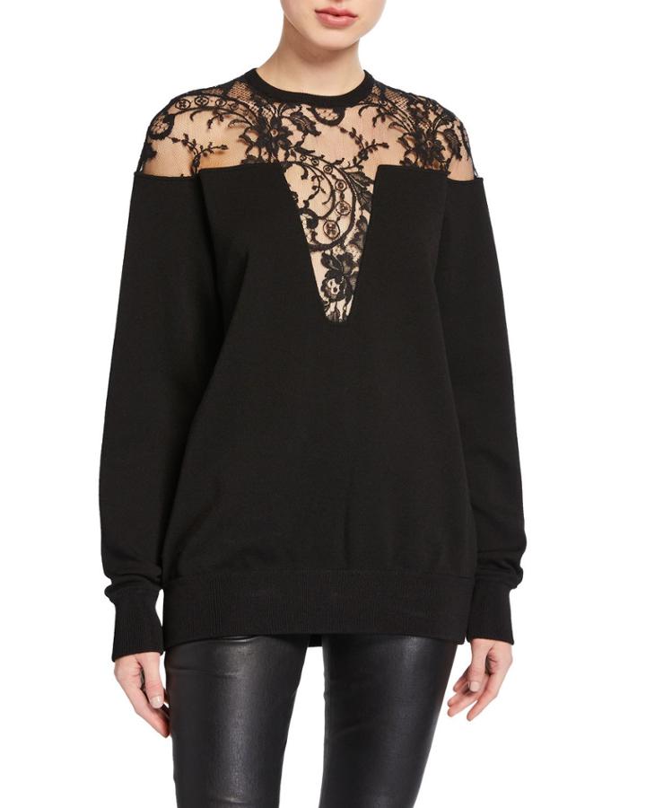 Lace-inset Crewneck