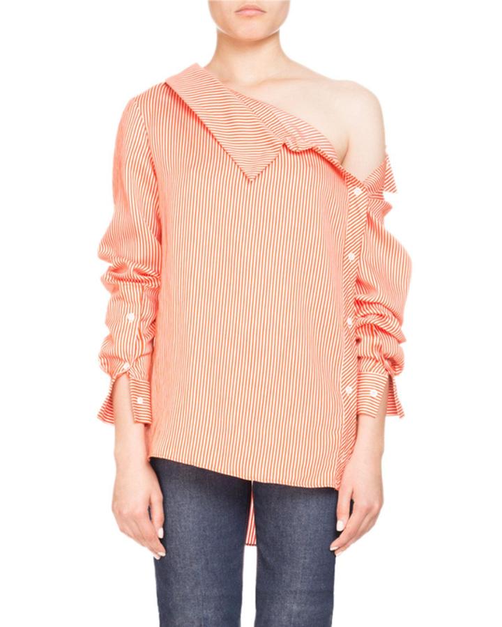 Eileen One-shoulder Pinstripe Long-sleeve Blouse