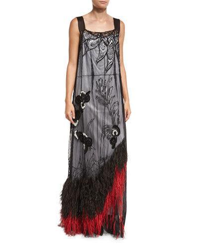 Feather-hem Sleeveless Lace Gown, Black