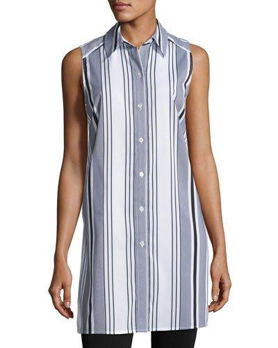 Striped Button-front Tunic, White/black