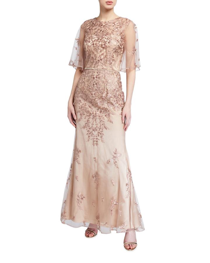 Embroidered Mesh Flutter-sleeve Gown