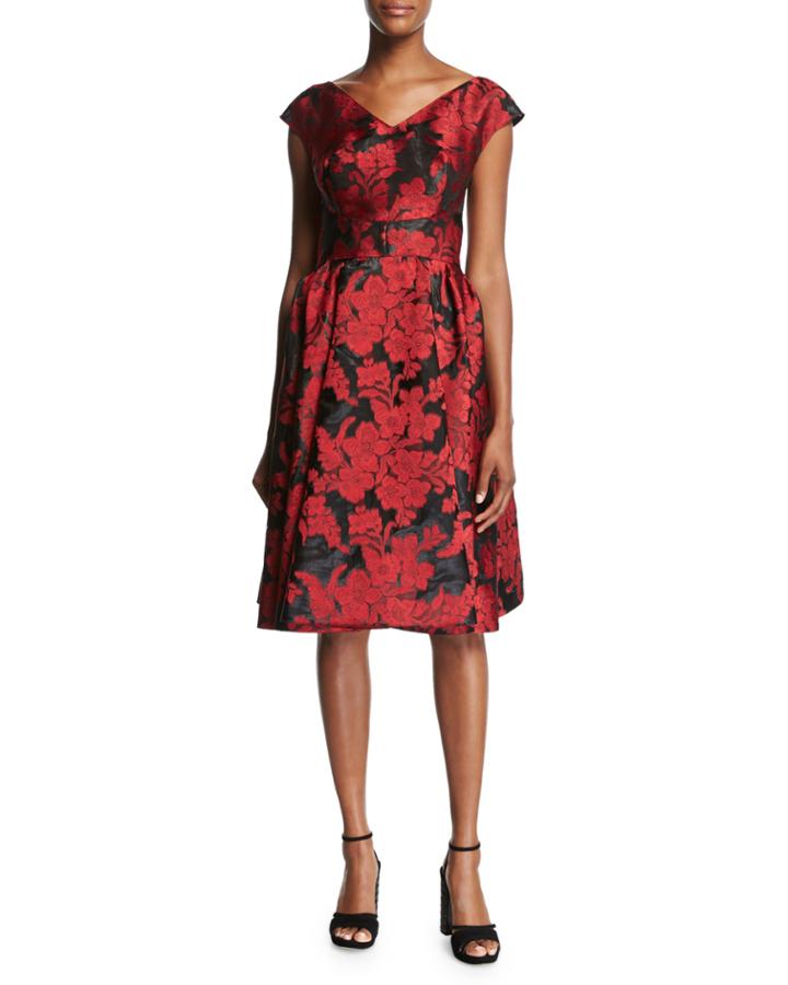 Floral Jacquard Fit & Flare Cocktail Dress, Crimson
