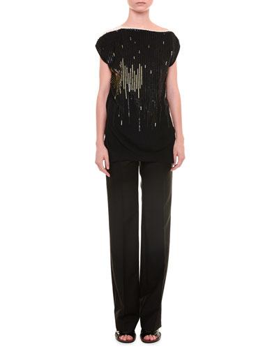 Cap-sleeve Sequined Top, Black