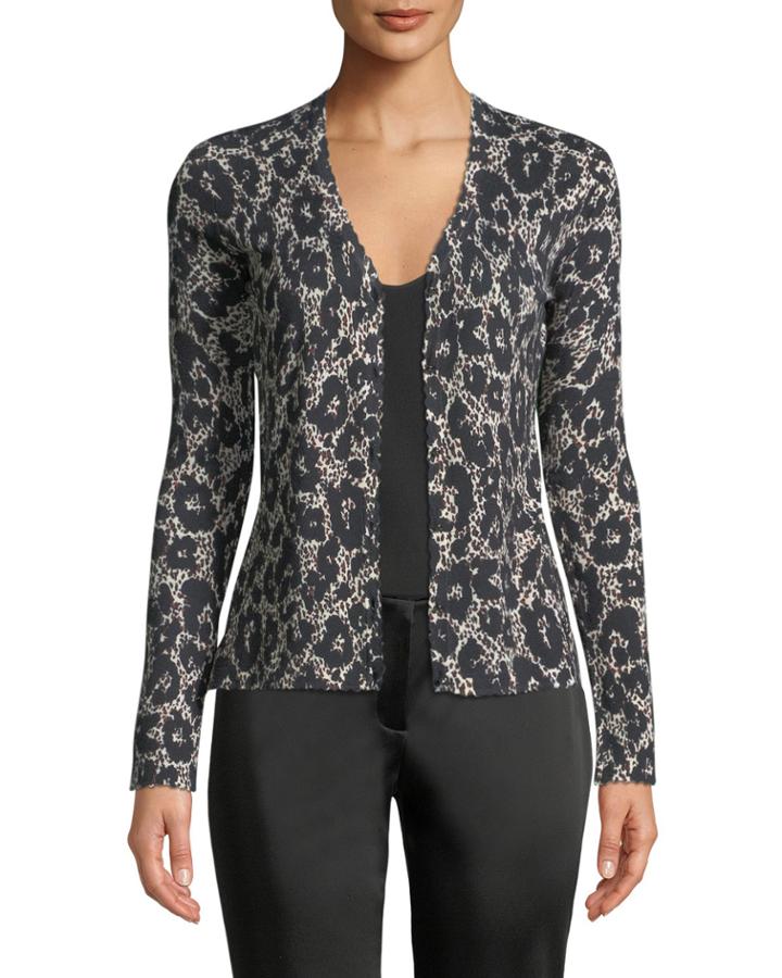 Button-front Long-sleeve Leopard-print Cashmere-silk Cardigan