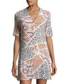 Jocelyn Half-sleeve Geometric-print Dress, Neutral Pattern