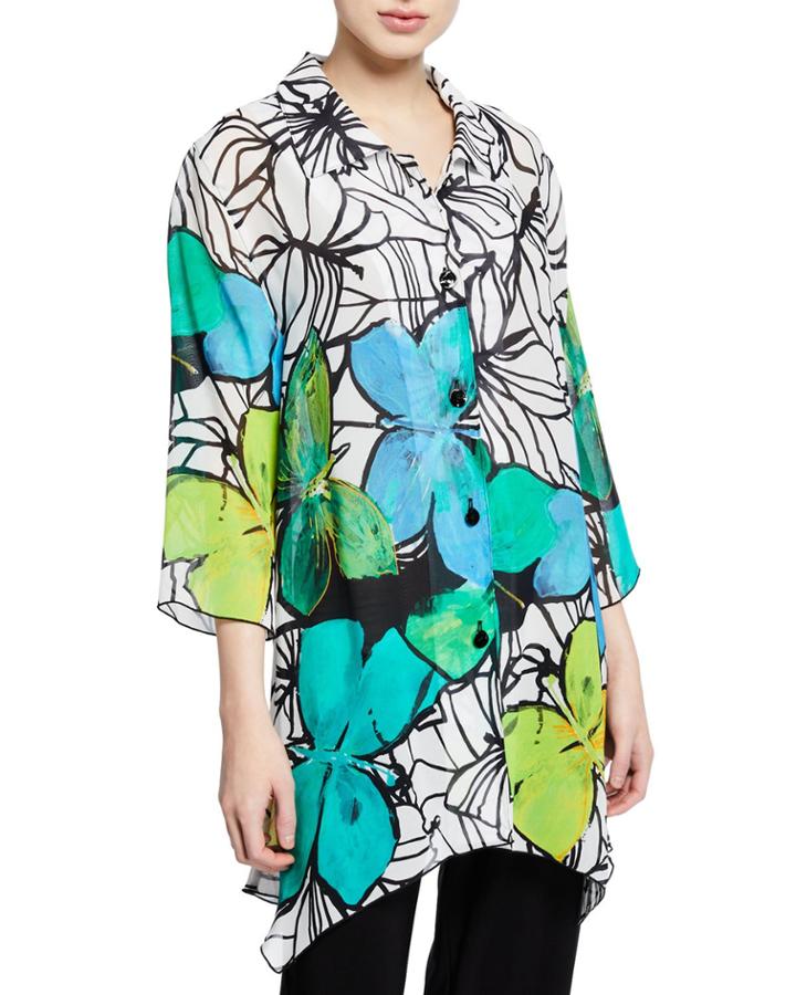 Petite Butterfly-print Button-front 3/4-sleeve